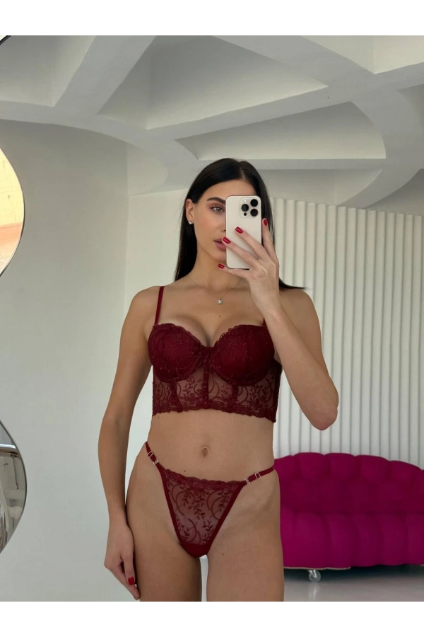 Arona Kadın Destekli Çiçek Desenli Brode Bordo Büstiyer Takımı