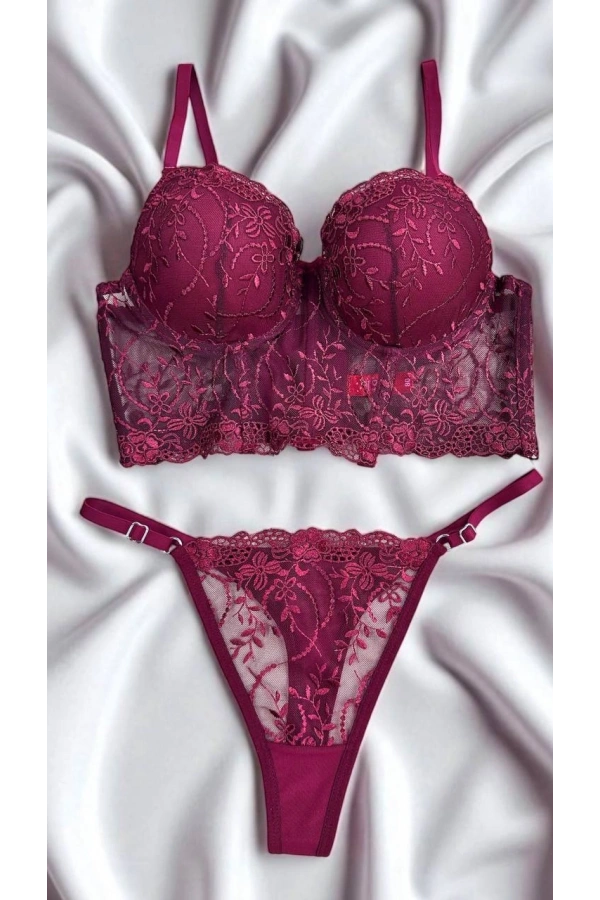 Arona Kadın Destekli Çiçek Desenli Brode Bordo Büstiyer Takımı