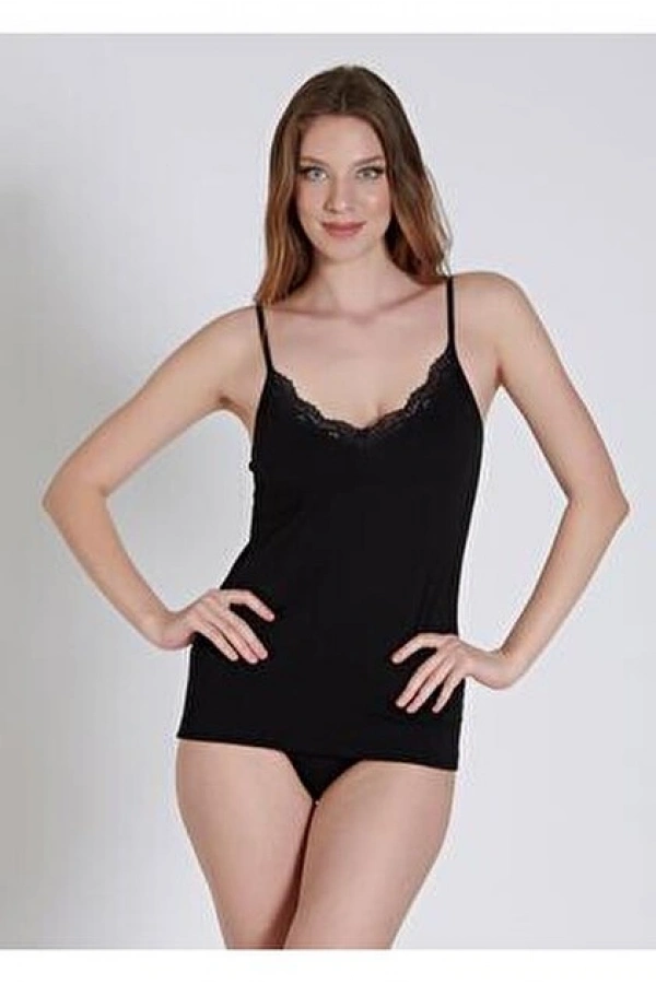 Belinay Kadın İnce Askılı Dantel Detaylı Yumuşak Dokulu Siyah Atlet