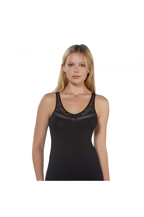 Belinay Kadın Dantel Detaylı Transparan Siyah Atlet