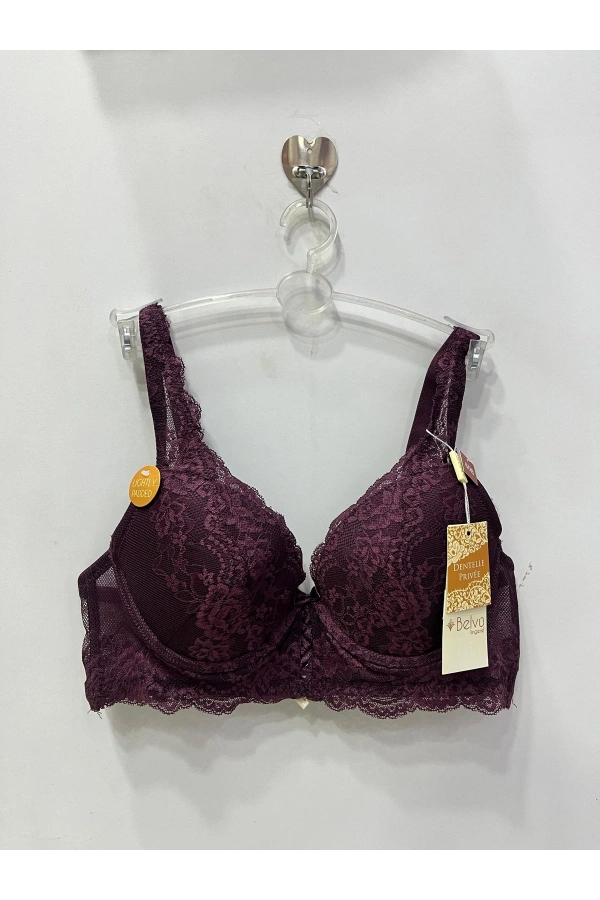 Belvü Kadın Balenli Dolgusuz Dantelli Bağcık Detaylı Mürdüm Sütyen