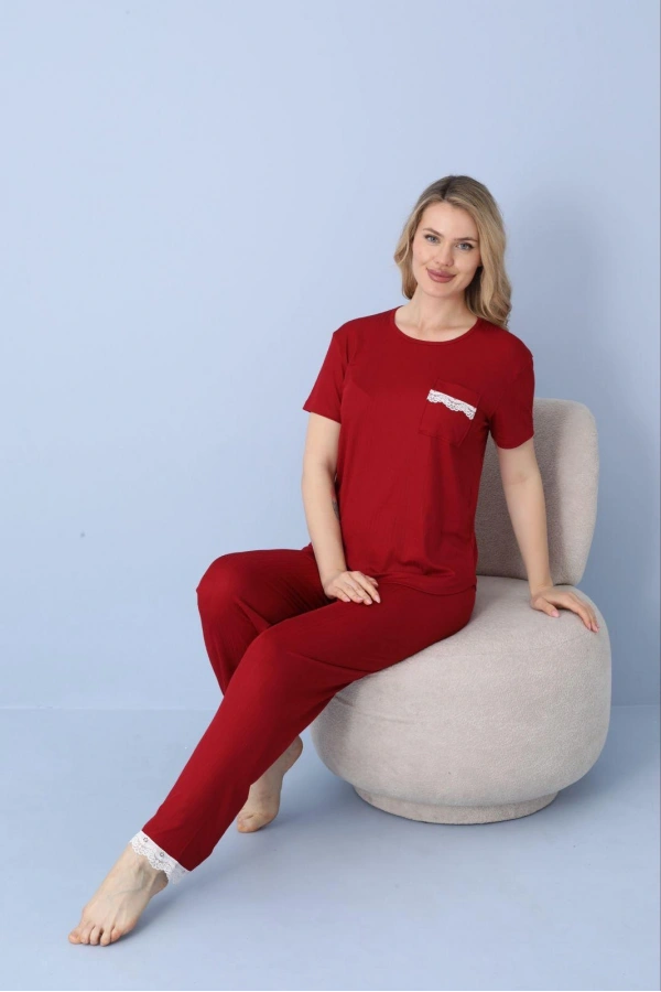 Pijamoni Kadın Dublin Kumaş Bisiklet Yaka Kısa Kollu Bordo Pijama Takımı