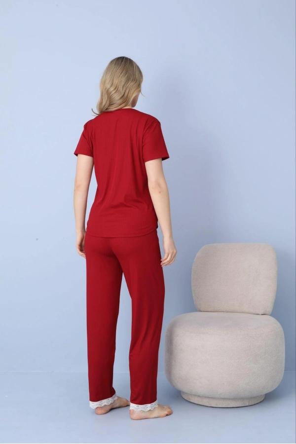 Pijamoni Kadın Dublin Kumaş Bisiklet Yaka Kısa Kollu Bordo Pijama Takımı