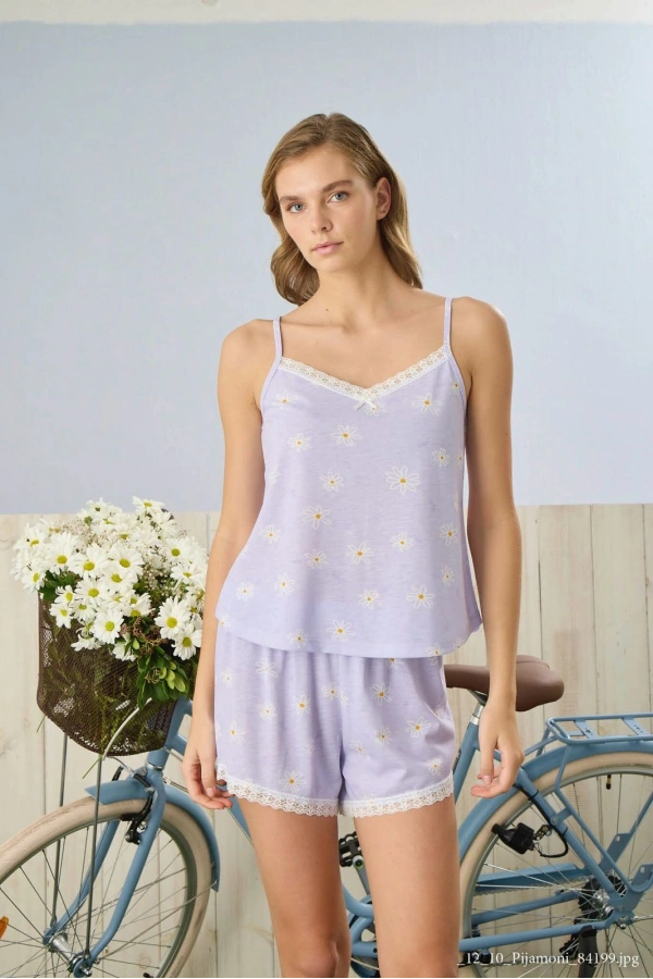 Pijamoni Kadın İp Askılı Dantel Detaylı Papatya Desenli Lila Şort Takımı