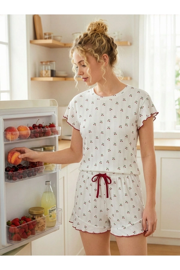 Pijamoni Kadın Pamuklu Ribana Kumaş Baskılı Şortlu D. Beyaz Pijama Takımı