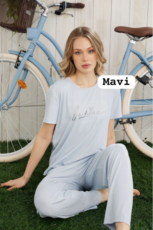 Pijamoni Kadın Dublin Kumaş Bisiklet Yaka Kısa Kollu Mavi Pijama Takımı