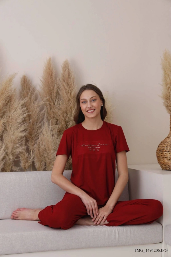 Pijamoni Kadın Dublin Kumaş Bisiklet Yaka Kısa Kollu Bordo Pijama Takımı