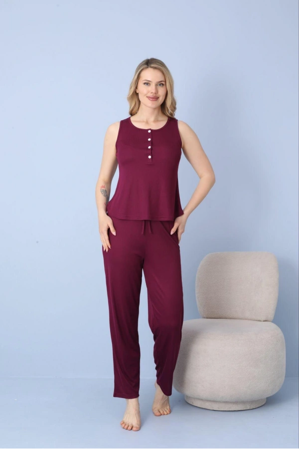 Pijamoni Kadın Dublin Kumaş İp Askılı Düğmeli Yaka Mürdüm Pijama Takımı