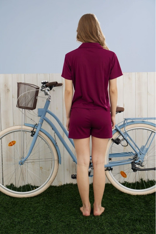 Pijamoni Kadın Dublin Kumaş Rodoplu Gömlek Yaka Mürdüm Şort Takımı