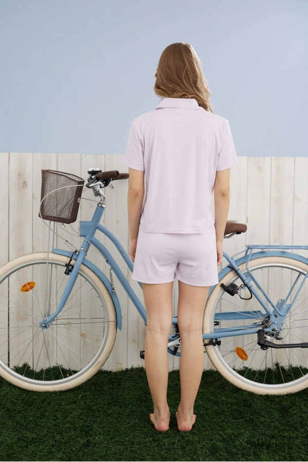 Pijamoni Kadın Dublin Kumaş Rodoplu Gömlek Yaka Lila Şort Takımı