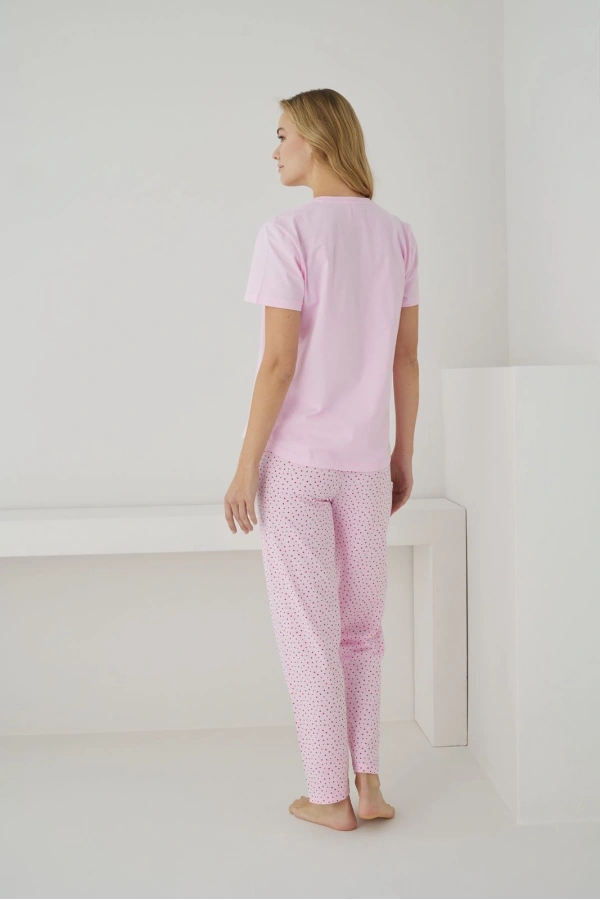 Pijamoni Kadın Süprem Kumaş Düğmeli Yaka Kısa Kollu Kalp Desenli Pembe Pijama Takımı