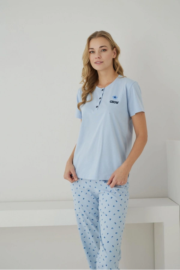 Pijamoni Kadın Süprem Kumaş Düğmeli Yaka Kısa Kollu Mavi Pijama Takımı