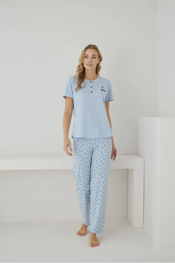 Pijamoni Kadın Süprem Kumaş Düğmeli Yaka Kısa Kollu Mavi Pijama Takımı