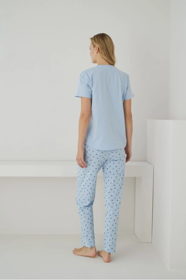 Pijamoni Kadın Süprem Kumaş Düğmeli Yaka Kısa Kollu Mavi Pijama Takımı