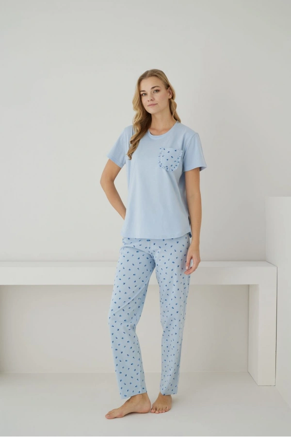 Pijamoni Kadın Süprem Kumaş Düğmeli Yaka Kısa Kollu Mavi Pijama Takımı