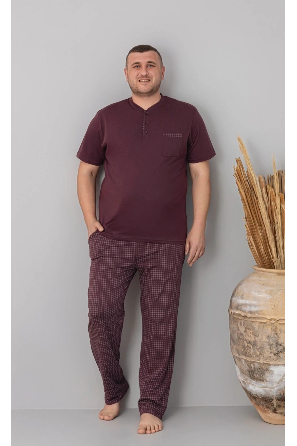 Pijamoni Erkek Büyük Beden Altı Ekose Desenli Bordo Pijama Takım