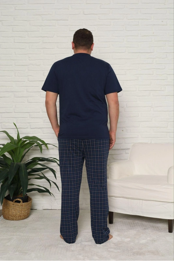 Pijamoni Erkek Büyük Beden Altı Ekose Desenli Lacivert Pijama Takım