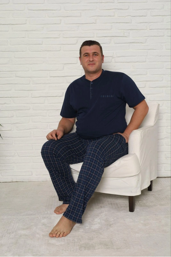 Pijamoni Erkek Büyük Beden Altı Ekose Desenli Lacivert Pijama Takım