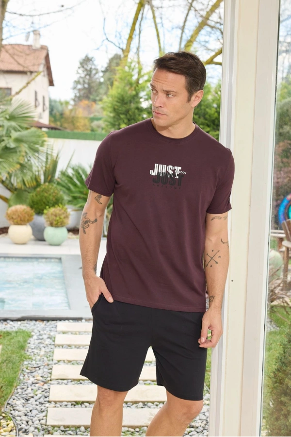 Pijamoni Erkek Bisiklet Yaka Kısa Kollu Koyu Mürdüm Şort Takımı