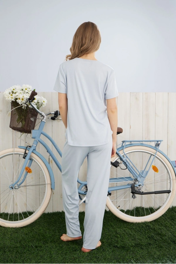 Pijamoni Kadın Dublin Kumaş Bisiklet Yaka Kısa Kollu Mavi Pijama Takımı
