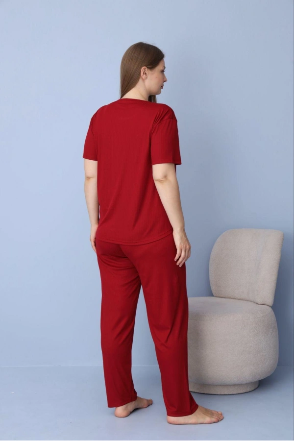 Pijamoni Kadın Büyük Beden Dublin Kumaş Kısa Kollu Bordo Pijama Takımı