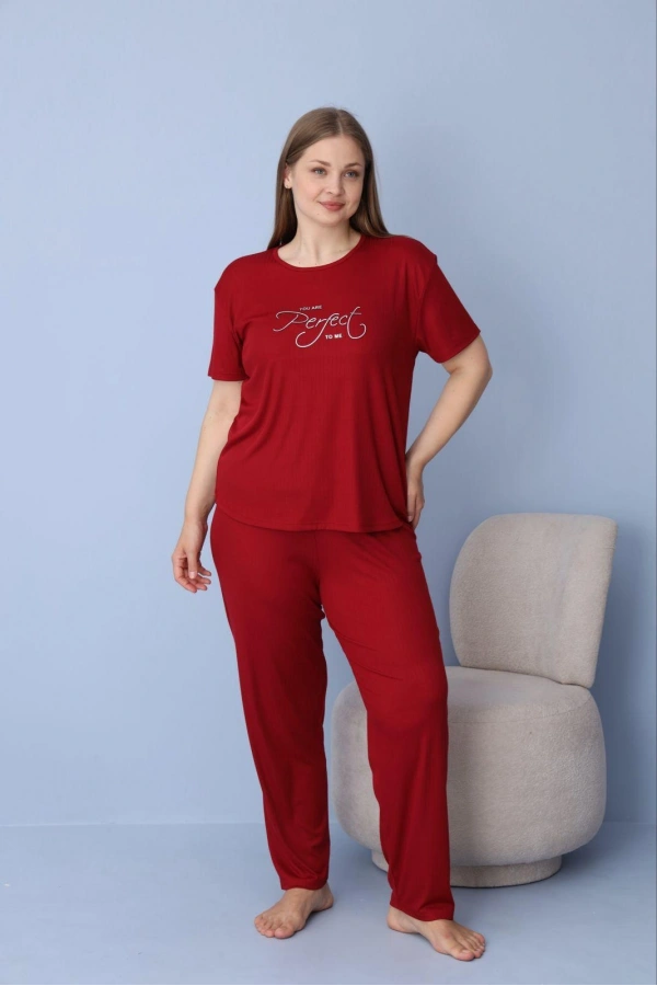 Pijamoni Kadın Büyük Beden Dublin Kumaş Kısa Kollu Bordo Pijama Takımı