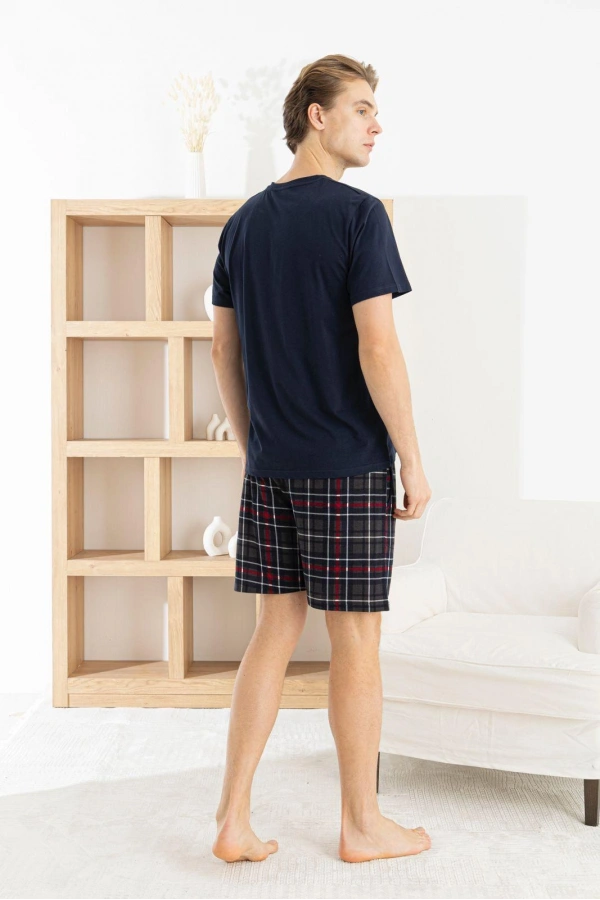 Pijamoni Erkek 3 Parça Ekose Desenli Pamuklu K. Lacivert Pijama Takımı