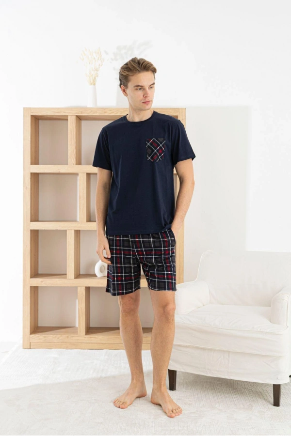 Pijamoni Erkek 3 Parça Ekose Desenli Pamuklu K. Lacivert Pijama Takımı