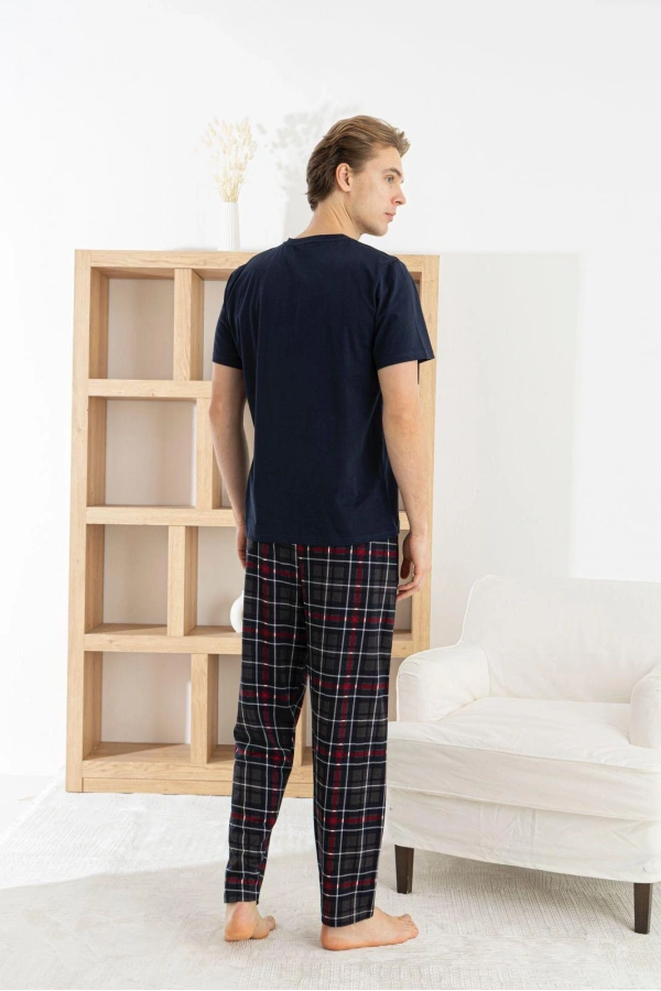 Pijamoni Erkek 3 Parça Ekose Desenli Pamuklu K. Lacivert Pijama Takımı