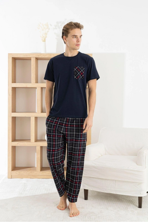 Pijamoni Erkek 3 Parça Ekose Desenli Pamuklu K. Lacivert Pijama Takımı