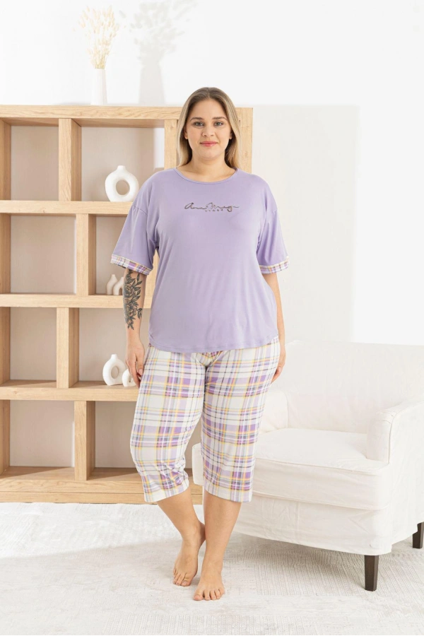 Pijamoni Kadın Büyük Beden Milan Kumaş Lila Kapri Pijama Takımı