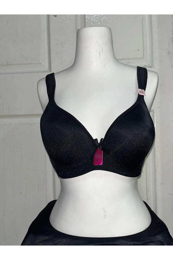 F.K Kadın C Cup Parlak Kumaş Desteksiz ve Balenli Siyah Sütyen