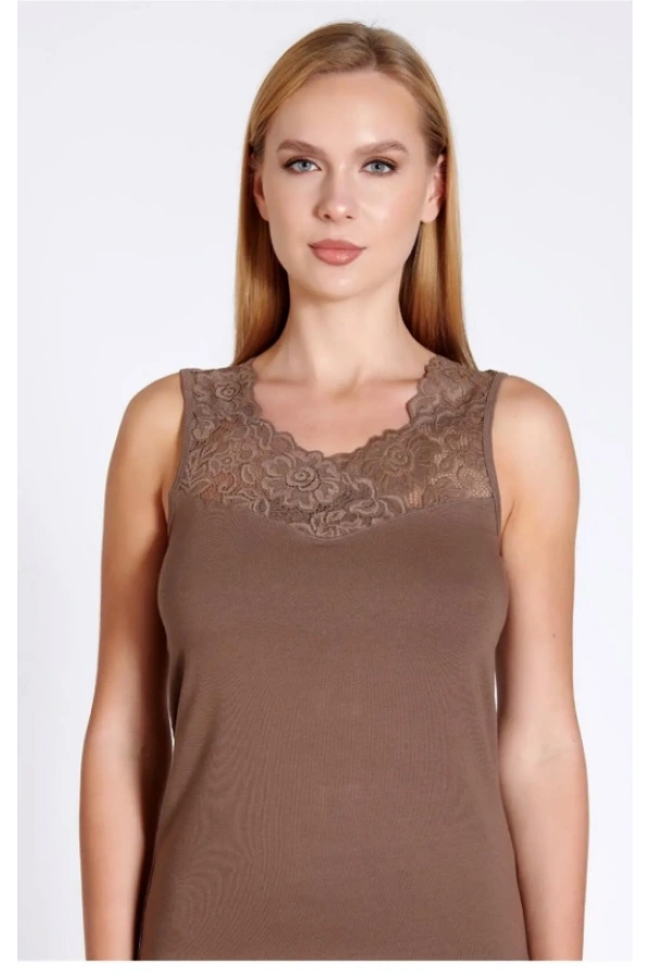 Belinay Kadın Dantel Askı Detaylı Pamuklu Vizon Atlet