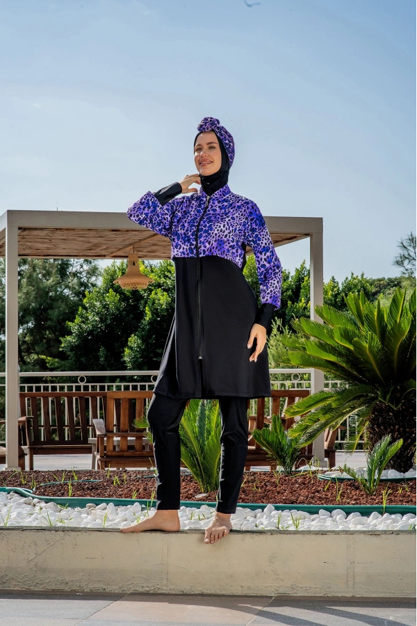 Kadın Crop Üst Rahat Kesim Lycra(Su İten Kumaş) Haşema Mor Mayo Takımı