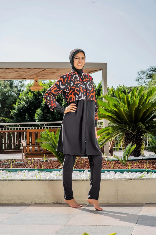 Kadın Crop Üst Rahat Kesim Lycra(Su İten Kumaş) Haşema Antrasit Mayo Takımı