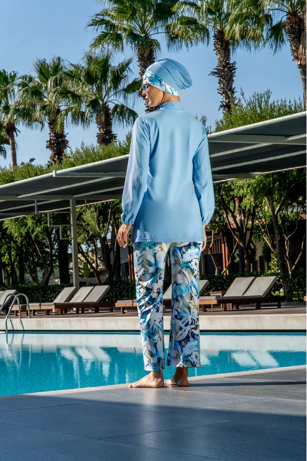 Tesettür Mayo Kadın Tam Kapalı Haşema Takım Uzun Kollu Hızlı Kuruyan Mavi Deniz Mayo Seti