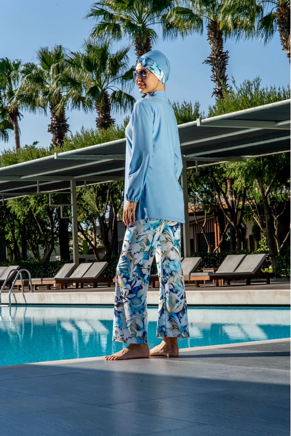 Tesettür Mayo Kadın Tam Kapalı Haşema Takım Uzun Kollu Hızlı Kuruyan Mavi Deniz Mayo Seti