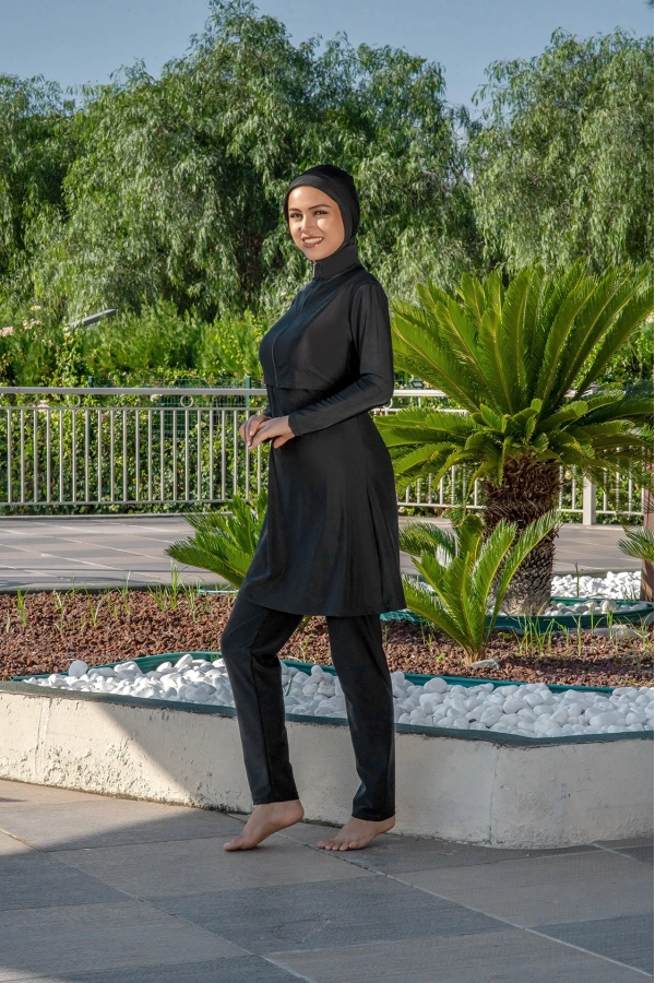 Kadın Tesettür Mayo Tam Kapalı Haşema Siyah Uzun Kollu Hızlı Kuruyan Deniz Havuz Mayo Takımı