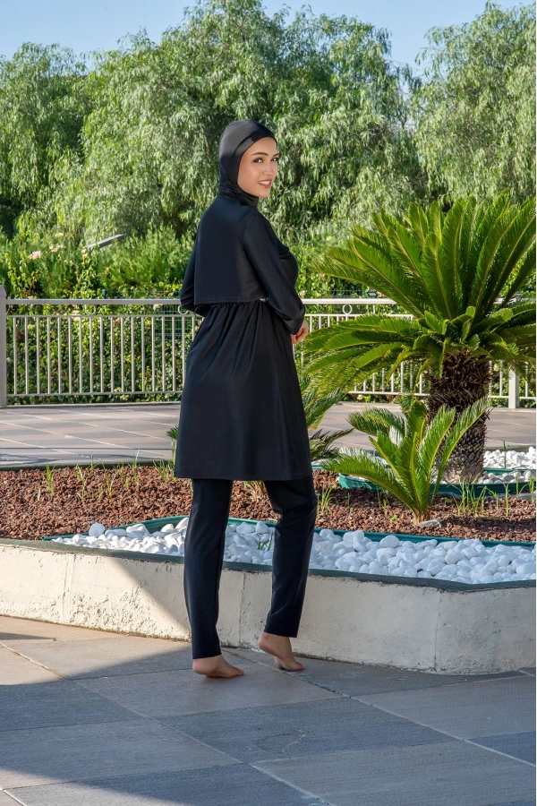 Kadın Tesettür Mayo Tam Kapalı Haşema Siyah Uzun Kollu Hızlı Kuruyan Deniz Havuz Mayo Takımı