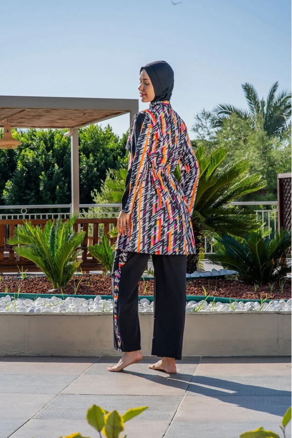 Ruko Kadın Tam Kapalı Geometrik Desenli Siyah Haşema Tesettür Mayo
