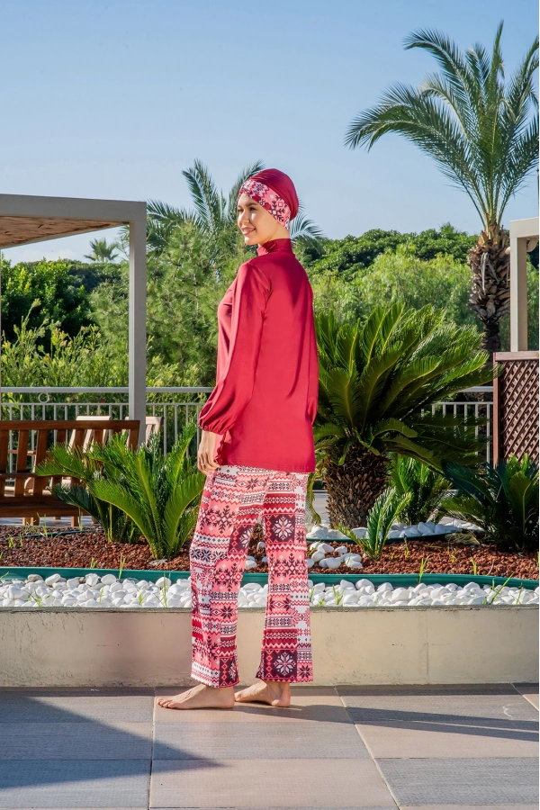 Ruko Kadın Lacivert Turuncu Geometrik Desenli Tam Kapalı Tesettür Mayo Haşema