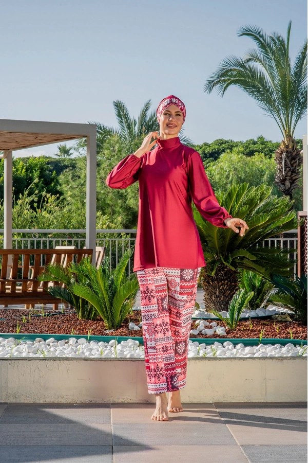 Ruko Kadın Lacivert Turuncu Geometrik Desenli Tam Kapalı Tesettür Mayo Haşema