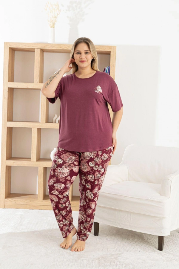 Pijamoni Ring Viskon Kısa Kol Pijama Takımı-Mürdüm