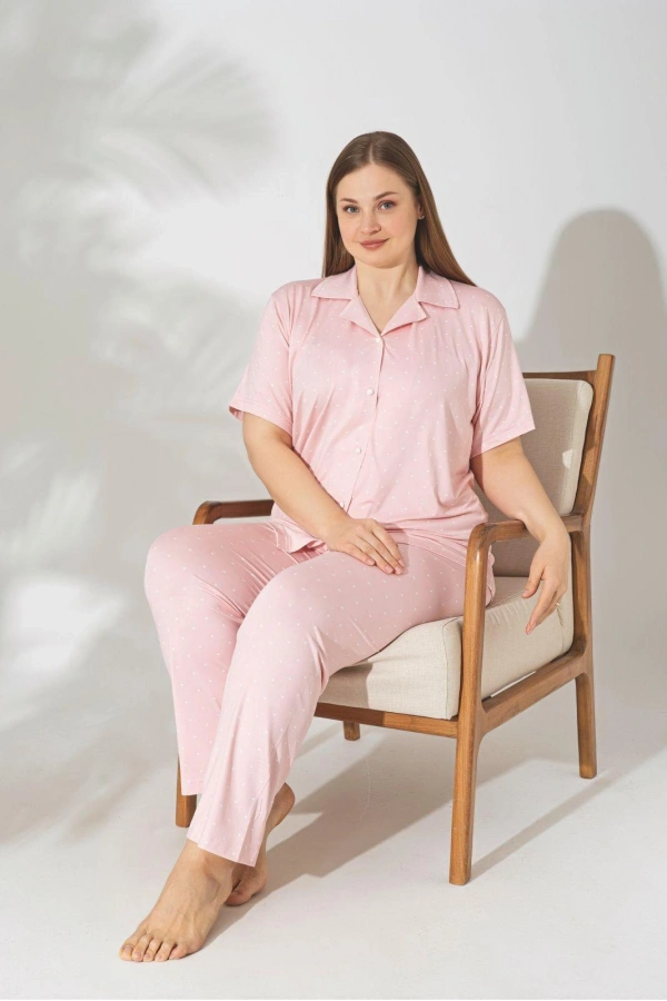 Pijamerry Büyük Beden Kısa Kol Milan Kumaş Pijama Takımı