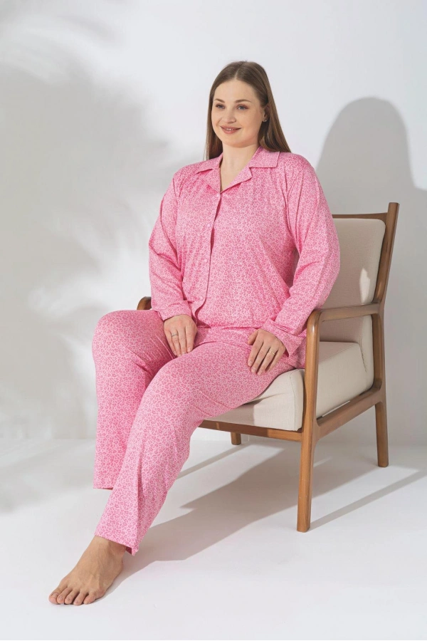 Pijamerry Büyük Beden Uzun Kol Milan Kumaş Pijama Takımı