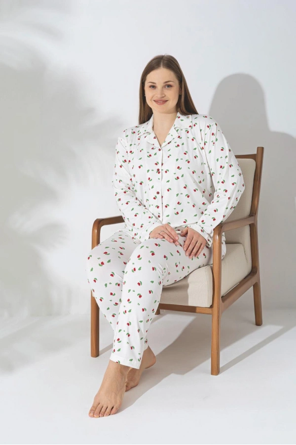 Pijamerry Büyük Beden Uzun Kol Milan Kumaş Pijama Takımı