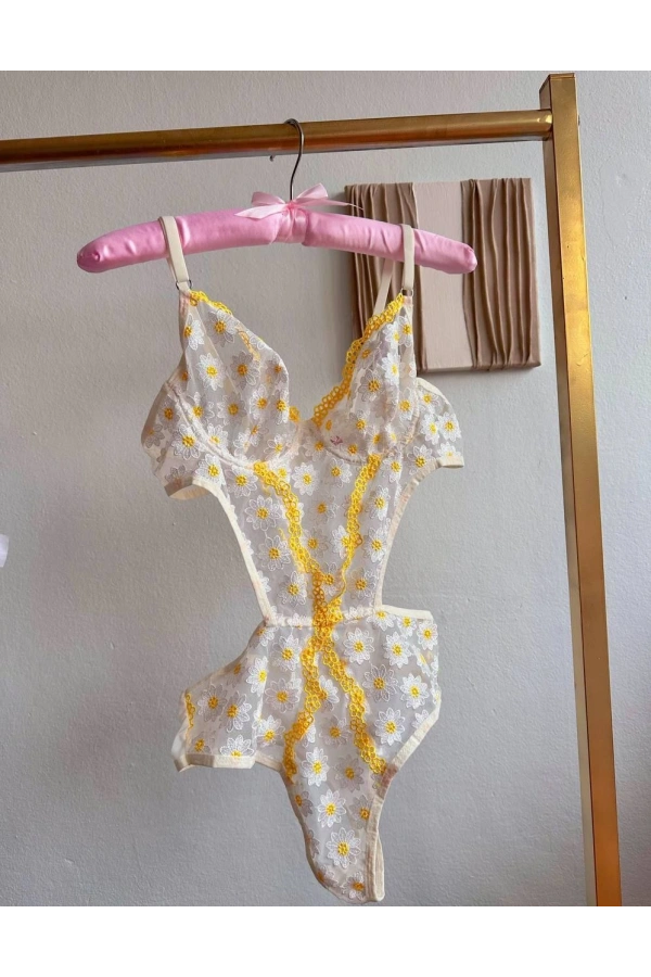 ARONA Transparan Çiçekli Desenli Bodysuit-sarı papatya