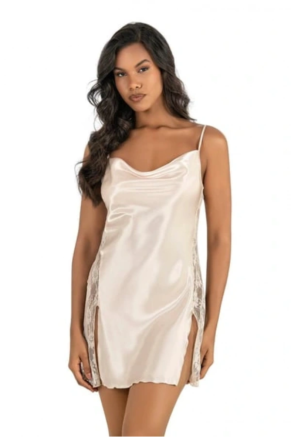Ahu Kadın İp Askılı Dantel Detaylı Kısa Saten Gecelik - Fil Dişi