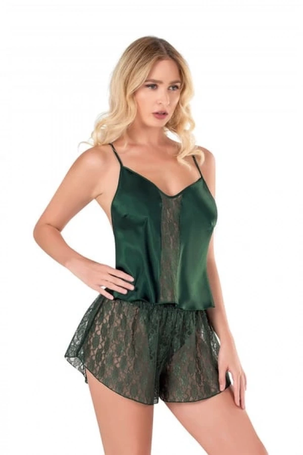 Primoda Yeşil Saten Kumaş Tül Detaylı Babydoll Şort Takımı
