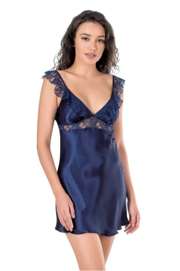 Ahu Kadın Saten Dantelli V Yaka Kısa Lacivert Gecelik